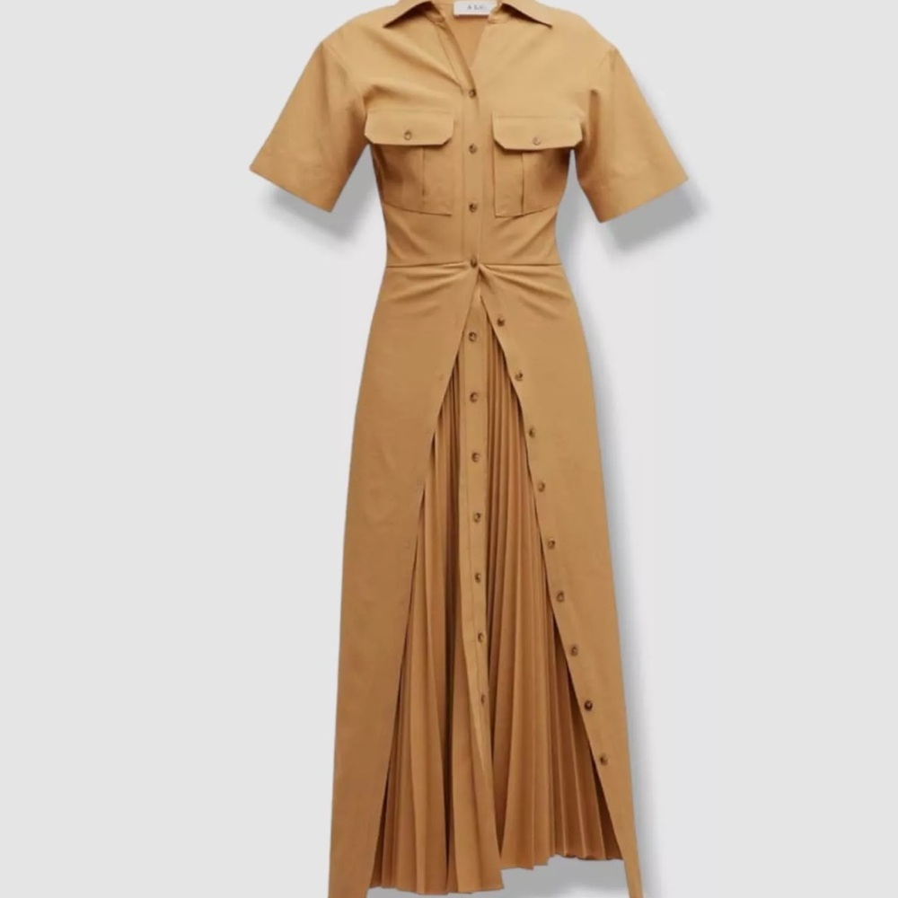 A.L.C. Tan Pleated Midi Dress with Notched Collar